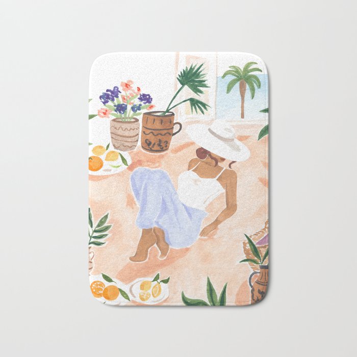 Woman Sitting by the Window Art Print - Sabina Fenn Illustration - Feminine Gouache Tropical Portrai Bath Mat