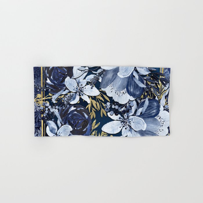 Navy Blue & Gold Watercolor Floral Hand & Bath Towel