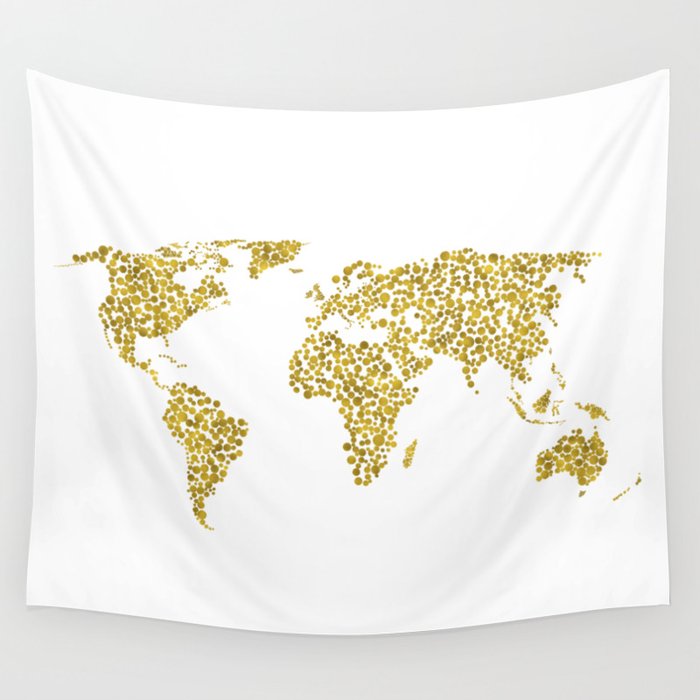 Gold Foil Map - Metallic Gold Globe Design Wall Tapestry