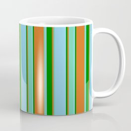 [ Thumbnail: Chocolate, Aquamarine, Sky Blue & Green Colored Stripes Pattern Coffee Mug ]