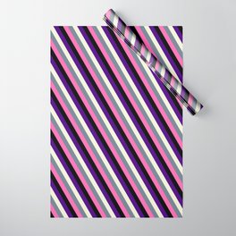 [ Thumbnail: Vibrant Indigo, Beige, Slate Gray, Hot Pink, and Black Colored Striped/Lined Pattern Wrapping Paper ]