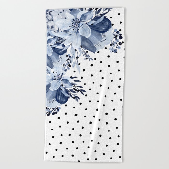Boho Blue Flowers and Polka Dots Beach Towel