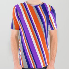 [ Thumbnail: Eyecatching Blue, Dark Grey, Red, White, and Purple Colored Stripes/Lines Pattern All Over Graphic Tee ]