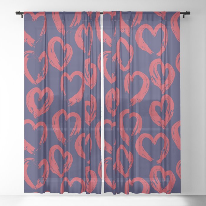 Red Navy Heart shaped Valentine’s Day seamless pattern background Sheer Curtain
