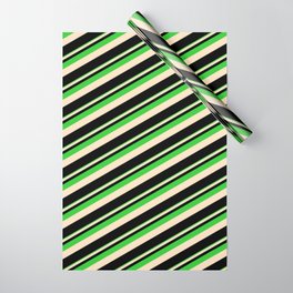 [ Thumbnail: Lime Green, Bisque & Black Colored Lines Pattern Wrapping Paper ]
