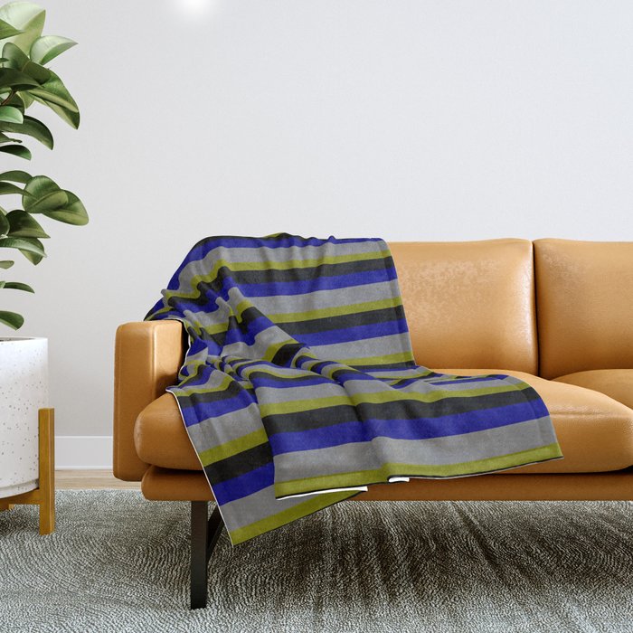 Green, Black, Blue & Gray Colored Lined Pattern Throw Blanket