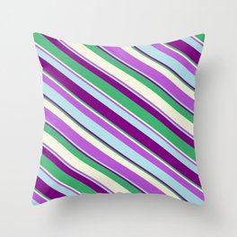 [ Thumbnail: Eye-catching Orchid, Powder Blue, Purple, Sea Green & Beige Colored Stripes/Lines Pattern Throw Pillow ]