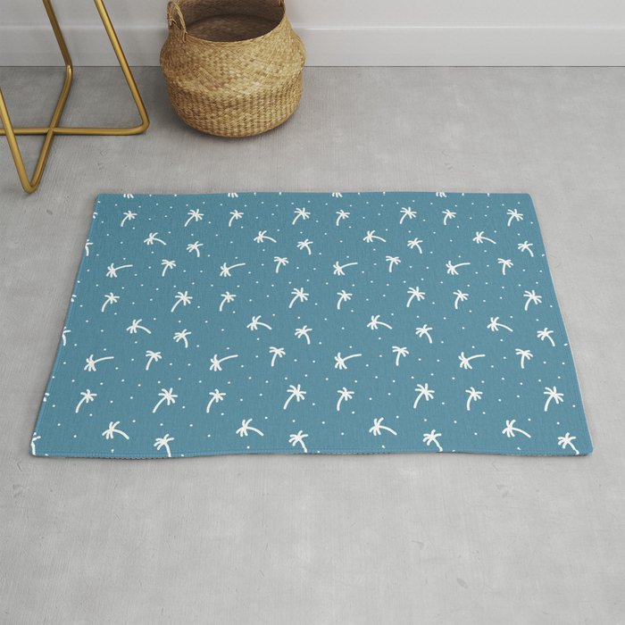 Blue And White Doodle Palm Tree Pattern Rug