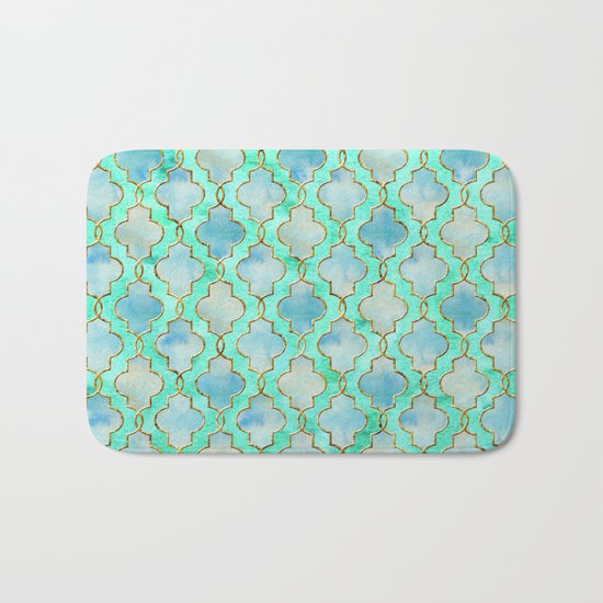 Luxury Aqua Teal Mint and Gold oriental quatrefoil pattern Bath Mat
