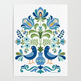 Hungarian Folk Design Blue Birds Poster