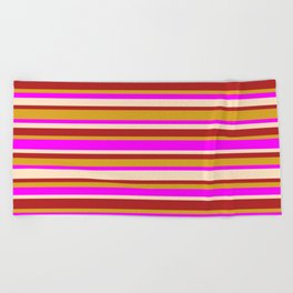 [ Thumbnail: Fuchsia, Bisque, Red, and Goldenrod Colored Lined Pattern Beach Towel ]