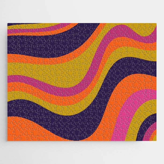 Retro Waves Abstract Pattern Lime Blue Magenta Orange Jigsaw Puzzle