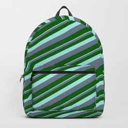 [ Thumbnail: Turquoise, Slate Gray, and Dark Green Colored Striped Pattern Backpack ]