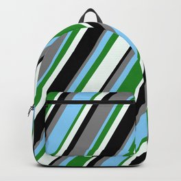 [ Thumbnail: Gray, Light Sky Blue, Forest Green, Mint Cream & Black Colored Striped Pattern Backpack ]