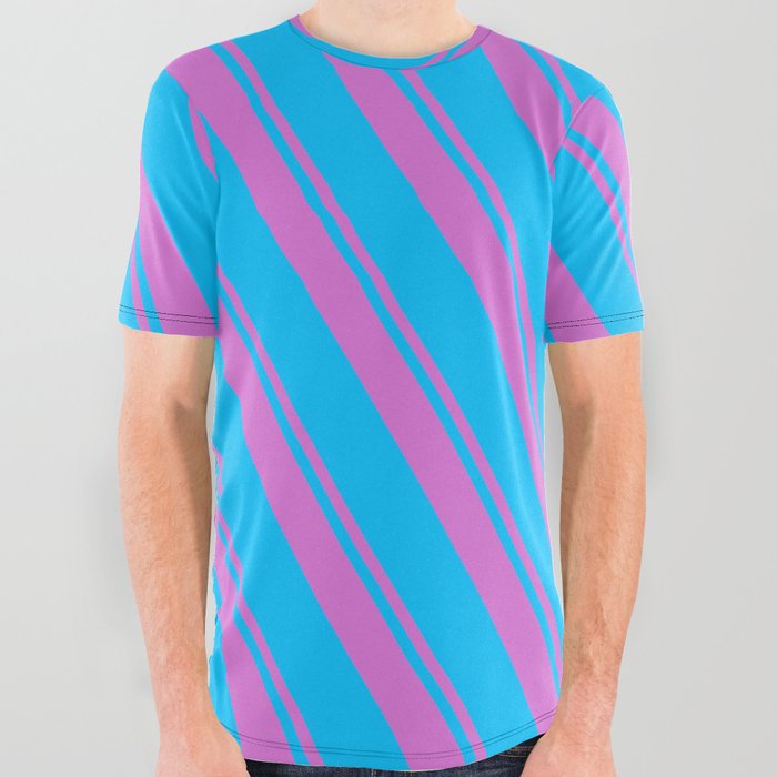 Orchid and Deep Sky Blue Colored Lines Pattern All Over Graphic Tee