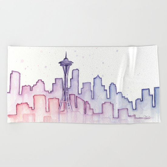 Seattle Skyline Watercolor Beach Towel
