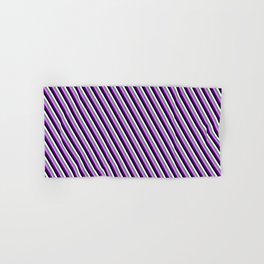 [ Thumbnail: Eye-catching White, Slate Gray, Violet, Indigo, and Black Colored Lined Pattern Hand & Bath Towel ]