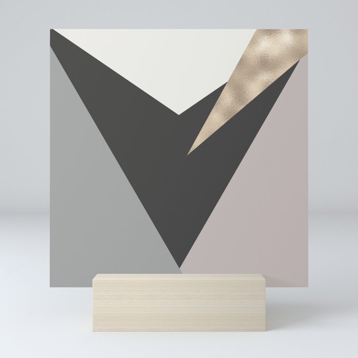 Abstract geometrical faux gold black gray triangles pattern Mini Art Print
