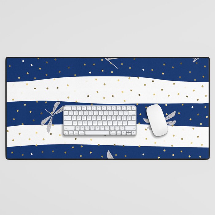 Silver Dragonfly Christmas seamless pattern and Gold Confetti on White and Navy Blue Background Desk Mat