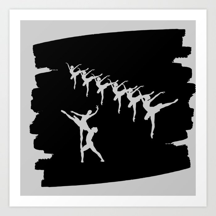 Ballerina figures in grey on black brush stroke Art Print