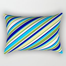 [ Thumbnail: Colorful Blue, Deep Sky Blue, Tan, Green & White Colored Lined Pattern Rectangular Pillow ]