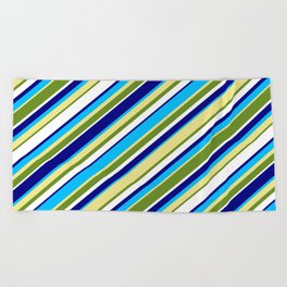 [ Thumbnail: Colorful Blue, Deep Sky Blue, Tan, Green & White Colored Lined Pattern Beach Towel ]