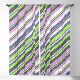 [ Thumbnail: Midnight Blue, Green, Black, Orchid & White Colored Stripes Pattern Sheer Curtain ]