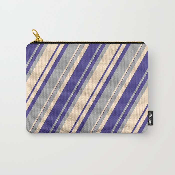 Dark Slate Blue, Dark Grey, and Bisque Colored Pattern of Stripes Carry-All Pouch