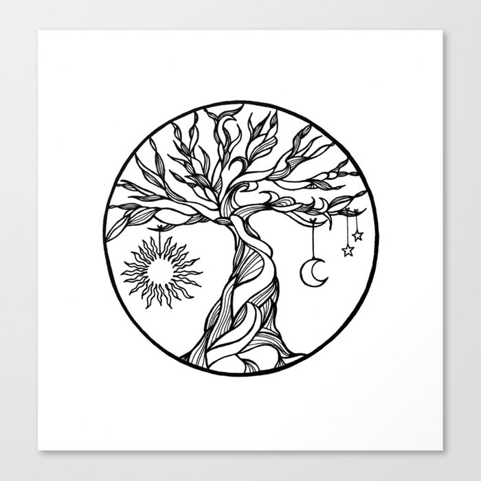 Black And White Tree Of Life With Hanging Sun Moon And Stars I Canvas Print By Vikkart Society6