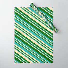 [ Thumbnail: Light Sea Green, Beige, and Dark Green Colored Lined Pattern Wrapping Paper ]
