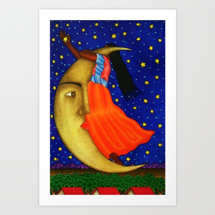 'Girl on the Moon with the Stars in her Hand' in the style of R. Morales (Artist Unknown) Art Print