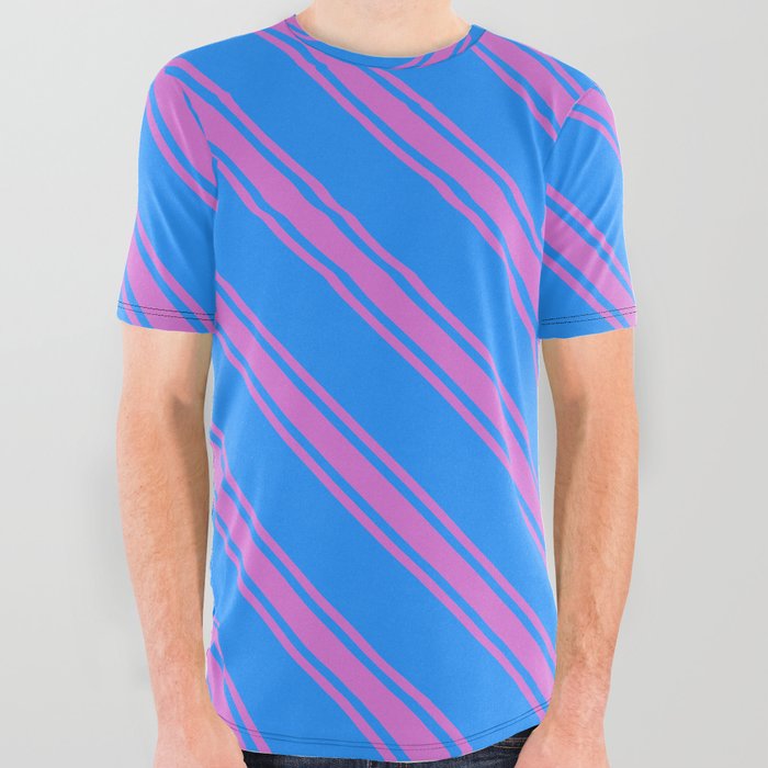 Blue & Orchid Colored Striped/Lined Pattern All Over Graphic Tee
