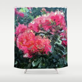 Red flower blossoms amid lush green foliage Shower Curtain