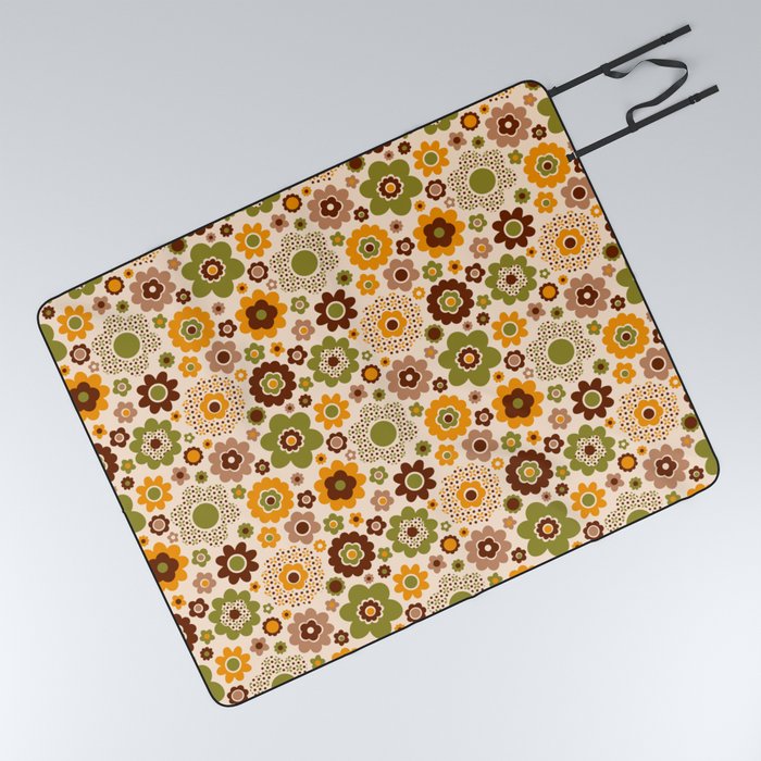 Retro 70s funky flowers brown orange green Picnic Blanket by