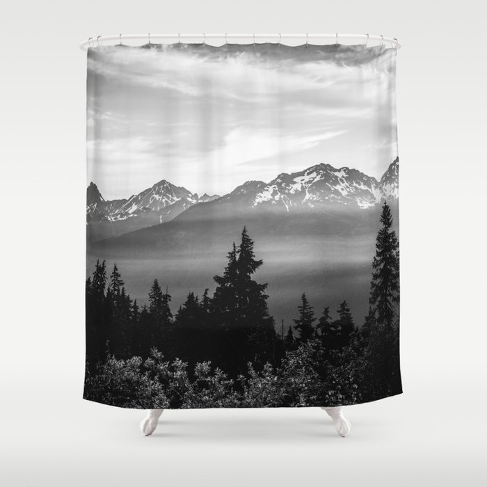 Morning in the Mountains Black and White Shower Curtain