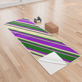 [ Thumbnail: Pale Goldenrod, Dark Green & Dark Violet Colored Lined Pattern Yoga Towel ]