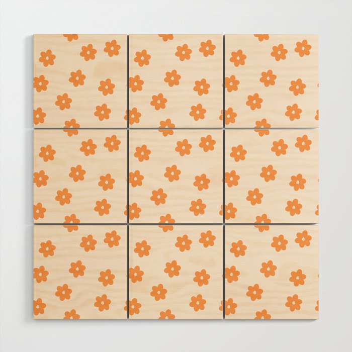 Aesthetic Peach Orange Retro Flowers Wood Wall Art