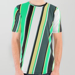 [ Thumbnail: Dark Slate Gray, Black, Tan, Green, and White Colored Lines Pattern All Over Graphic Tee ]
