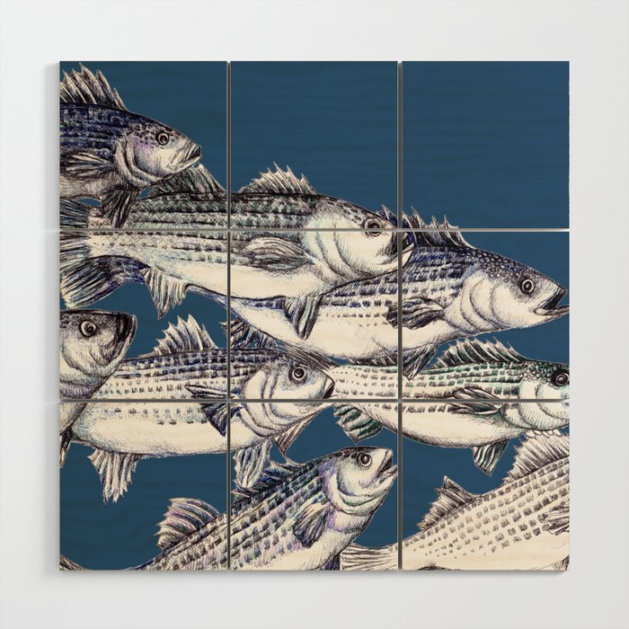 Striped Bass Fish in Marine Blue Wood Wall Art