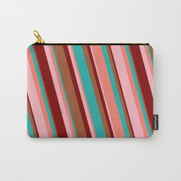 [ Thumbnail: Eye-catching Sienna, Light Sea Green, Salmon, Light Pink, and Maroon Colored Striped Pattern Carry-All Pouch ]
