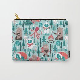 Besties // aqua background white Yeti brown Bigfoot teal and mint trees red and coral details Carry-All Pouch