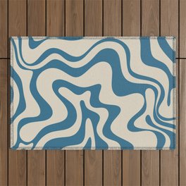 Retro Liquid Swirl Abstract Pattern in Boho Blue and Beige  Outdoor Rug