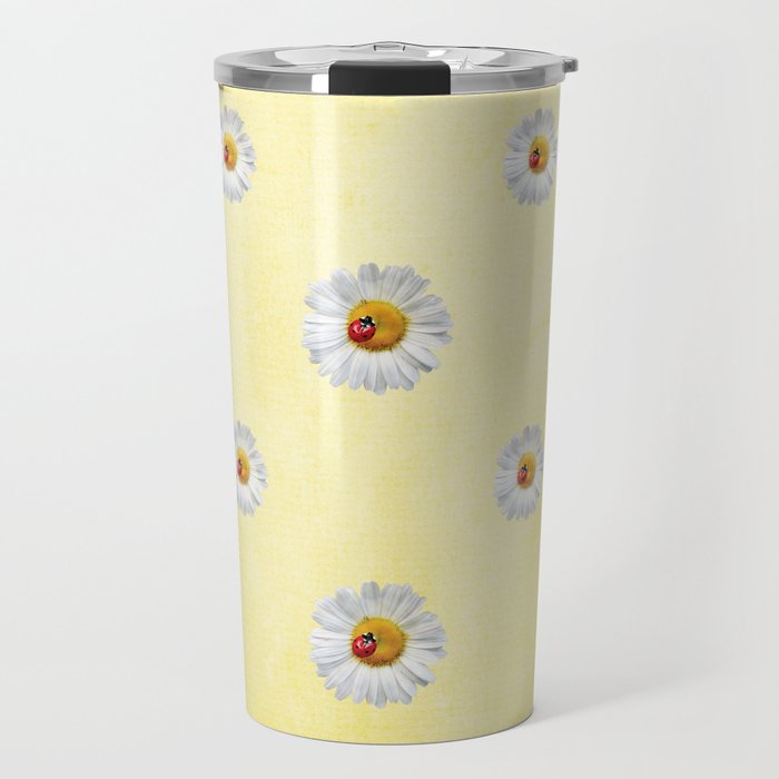 Daisies in love- Yellow Daisy Flower Floral pattern with Ladybug Travel Mug