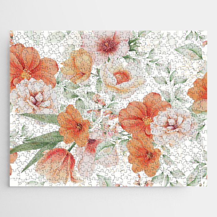 Peach Florals with Painted Speckles Jigsaw Puzzle
