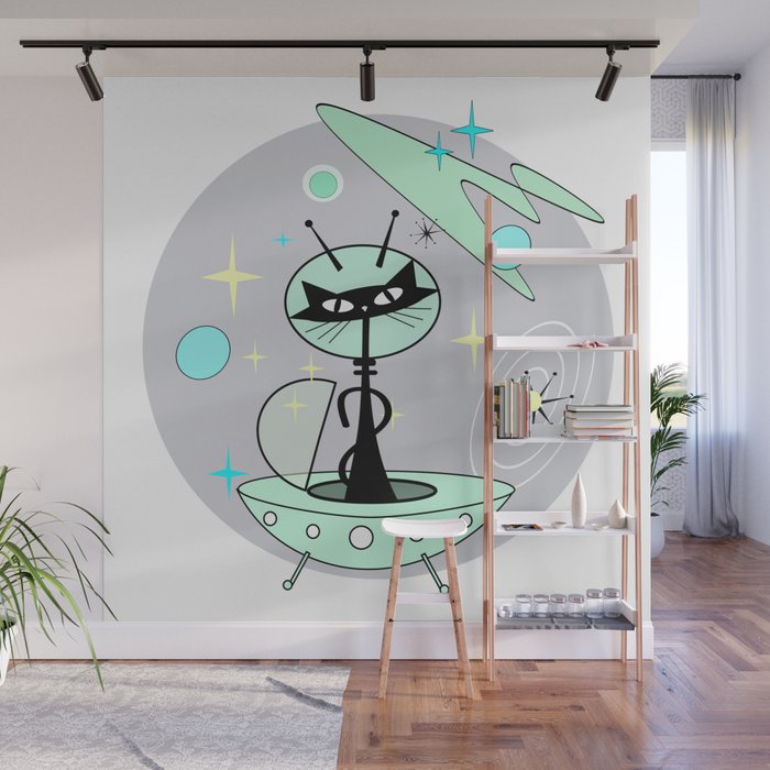 Mid Century Atomic Cosmic Cat in Space SHip Wall Mural