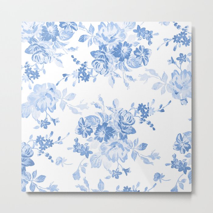 Modern navy blue white watercolor elegant floral Metal Print