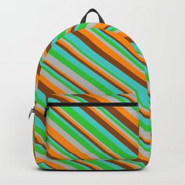 [ Thumbnail: Eye-catching Turquoise, Lime Green, Grey, Dark Orange & Brown Colored Lines/Stripes Pattern Backpack ]