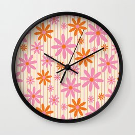  Retro 70s Groovy Daisy Pattern with Stripes, Hot Orange and Pink Wall Clock