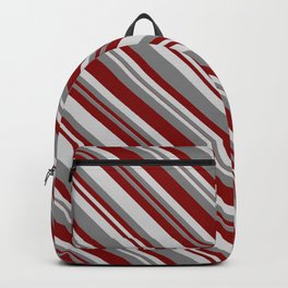 [ Thumbnail: Grey, Maroon, and Light Gray Colored Stripes Pattern Backpack ]