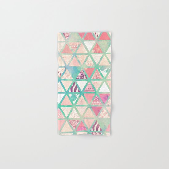 Pink Turquoise Abstract Floral Triangles Patchwork Hand & Bath Towel